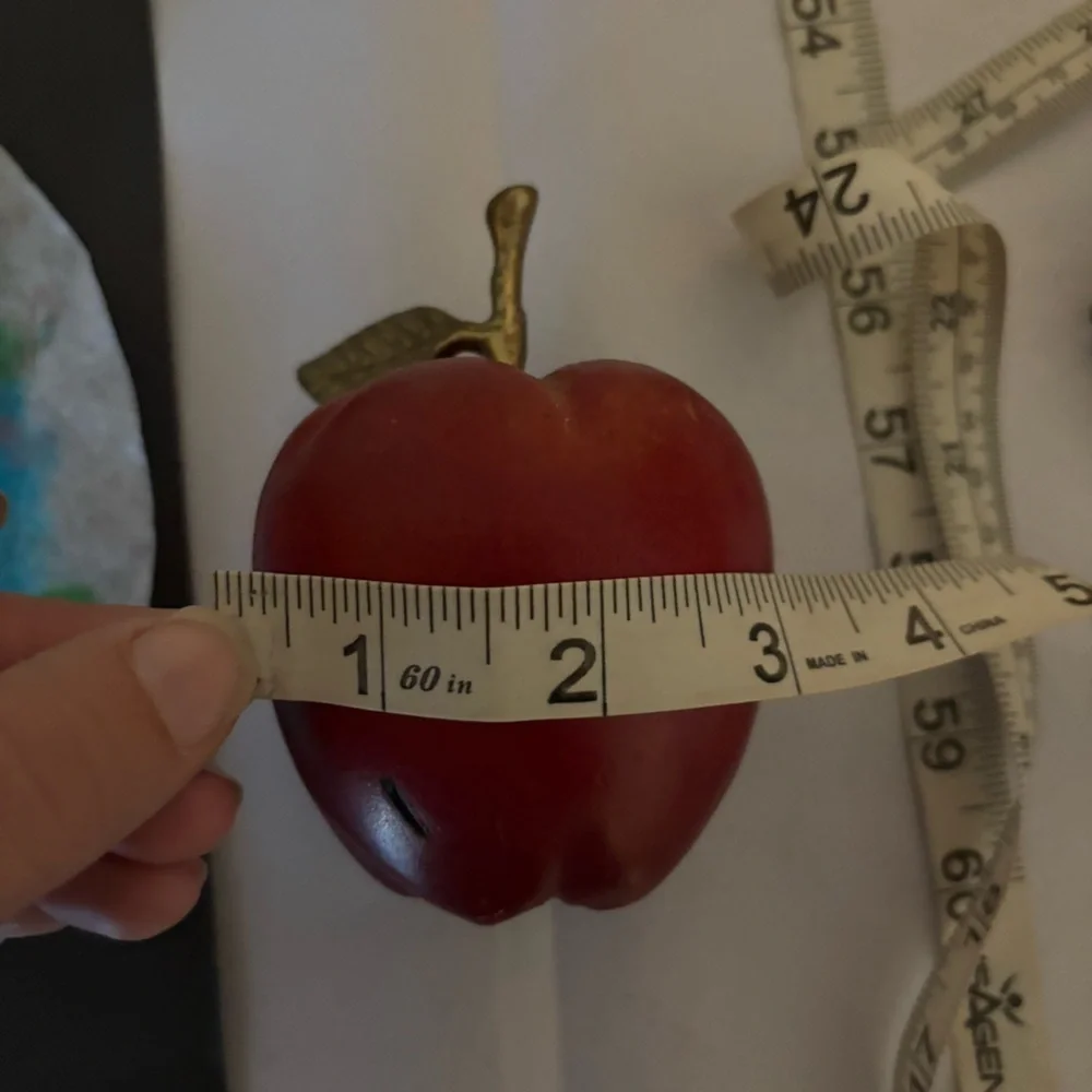 Vintage Brass & Wooden Red Apple with Stem and Leaf